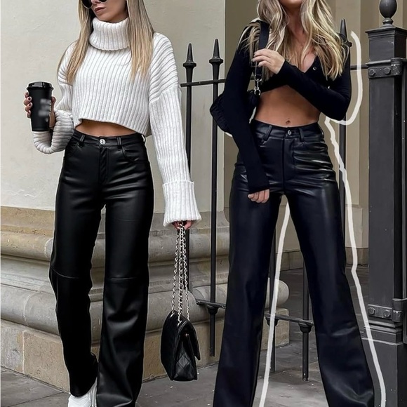 Women's Black Faux Leather Pants - Picture 4 of 12